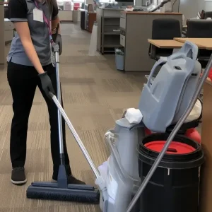 Frau säubert ein Büro mit professioneller Ausrüstung